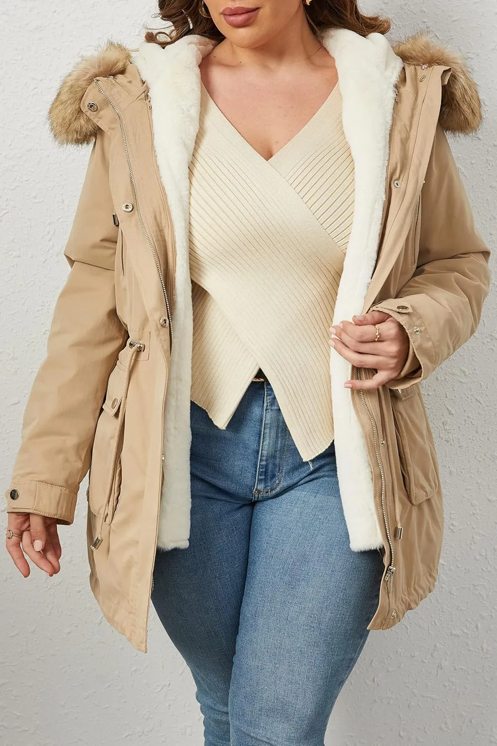 Geschallino Women's Parka Coat 3 in 1 Plus Size Winter Warm Fleece Lined Anoraks Thicken Hooded Outerwear (1X-5X)