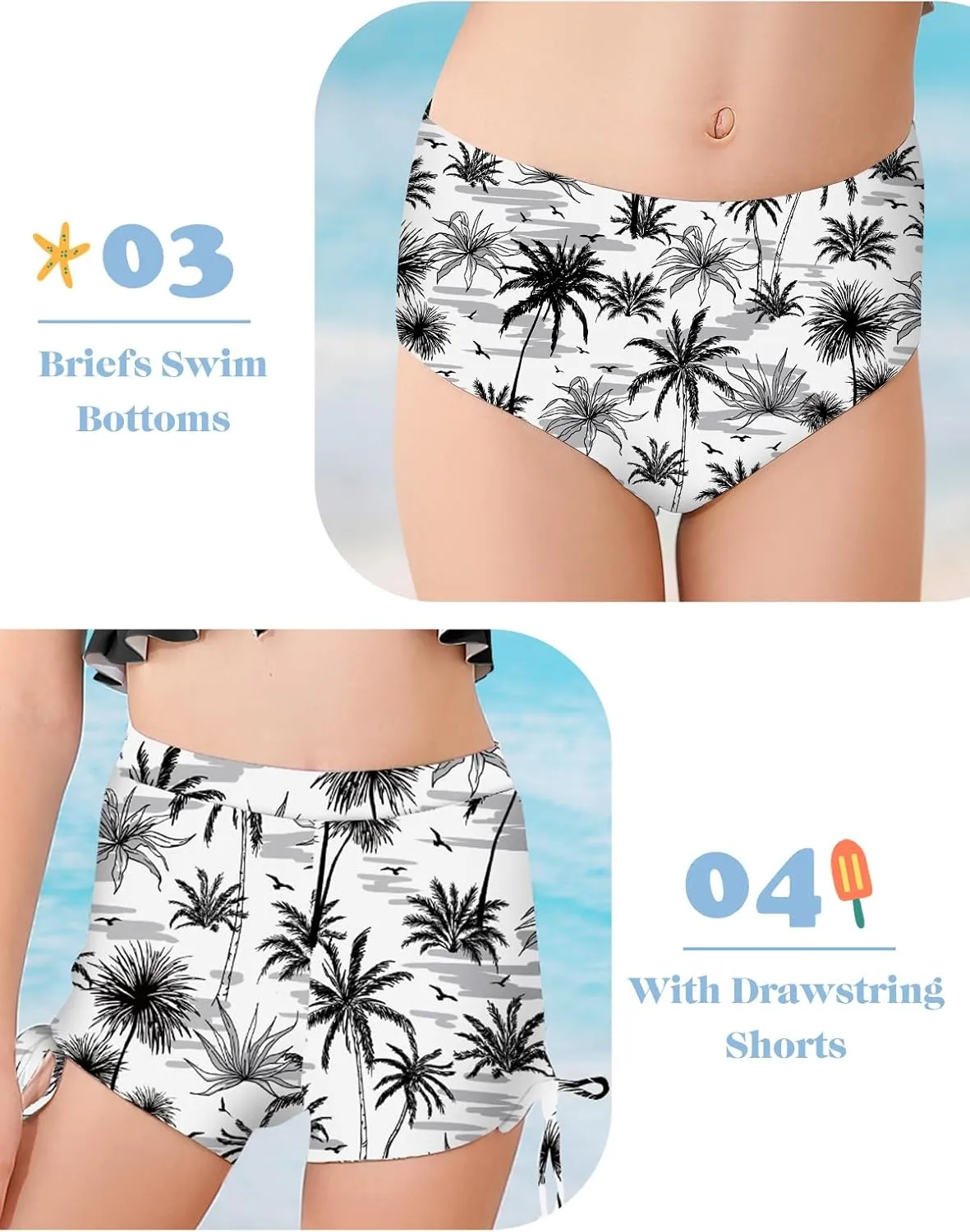 Girls Swimsuit Bikini Set with Shorts Bathing Suit Adjustable Strap Ruffle Drawstring 3 Piece Beach Swimwear Size 7-12