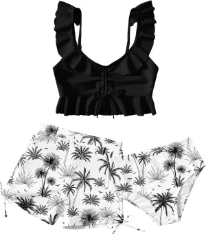 Girls Swimsuit Bikini Set with Shorts Bathing Suit Adjustable Strap Ruffle Drawstring 3 Piece Beach Swimwear Size 7-12