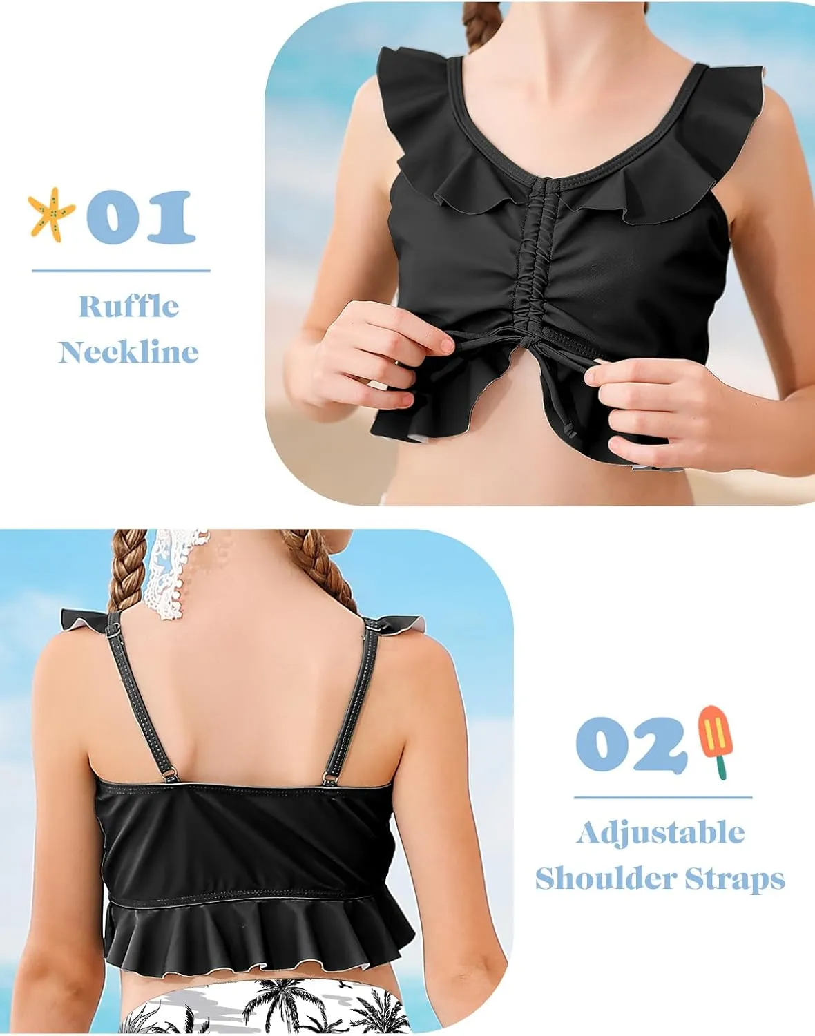 Girls Swimsuit Bikini Set with Shorts Bathing Suit Adjustable Strap Ruffle Drawstring 3 Piece Beach Swimwear Size 7-12