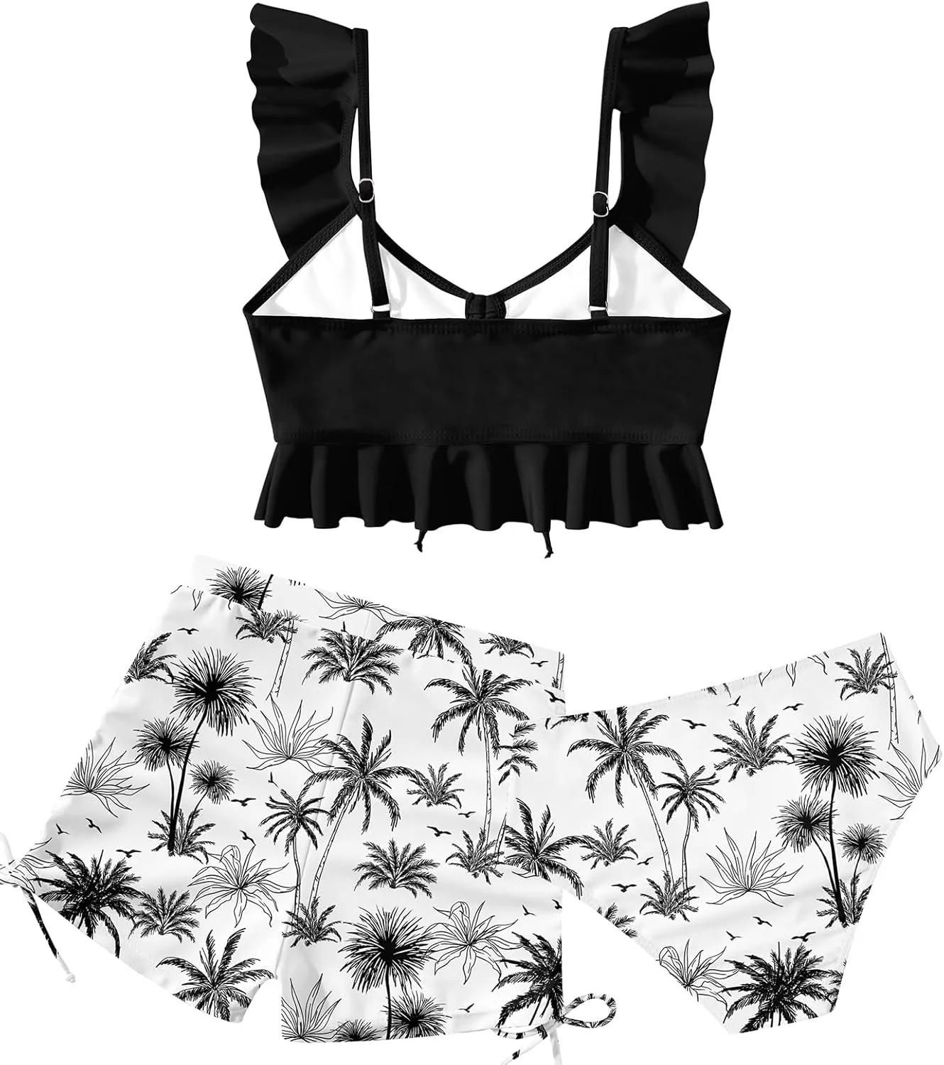 Girls Swimsuit Bikini Set with Shorts Bathing Suit Adjustable Strap Ruffle Drawstring 3 Piece Beach Swimwear Size 7-12