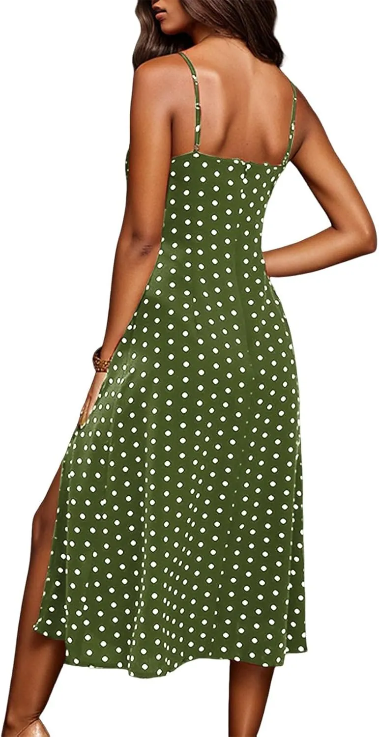 GOKKILRW Women Summer Dresses 2025 Spaghetti Straps Sleeveless Slim Fit Side Slit Sundress Boho Flowy Loose A-Line Midi Dress
