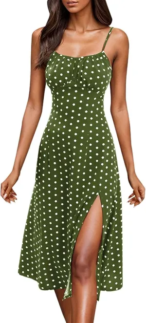 GOKKILRW Women Summer Dresses 2025 Spaghetti Straps Sleeveless Slim Fit Side Slit Sundress Boho Flowy Loose A-Line Midi Dress