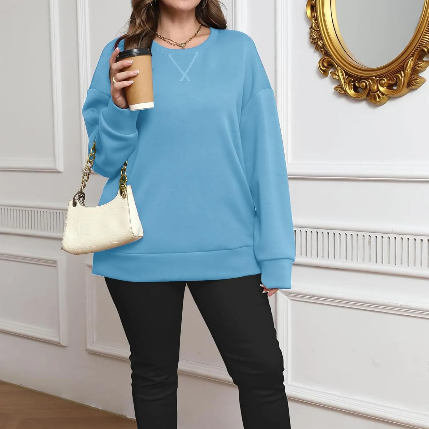 Gumipy Oversized Sweatshirt for Women Side Split Fleece Crewneck Sweatshirts Long Sleeve Womens Sweatshirt Spring Clothes
