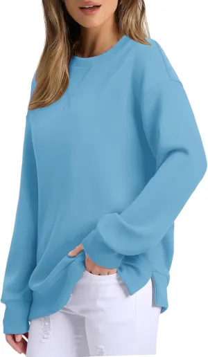 Gumipy Oversized Sweatshirt for Women Side Split Fleece Crewneck Sweatshirts Long Sleeve Womens Sweatshirt Spring Clothes
