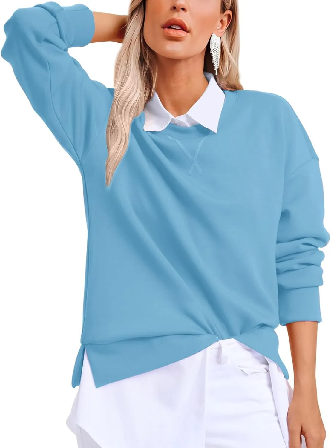 Gumipy Oversized Sweatshirt for Women Side Split Fleece Crewneck Sweatshirts Long Sleeve Womens Sweatshirt Spring Clothes