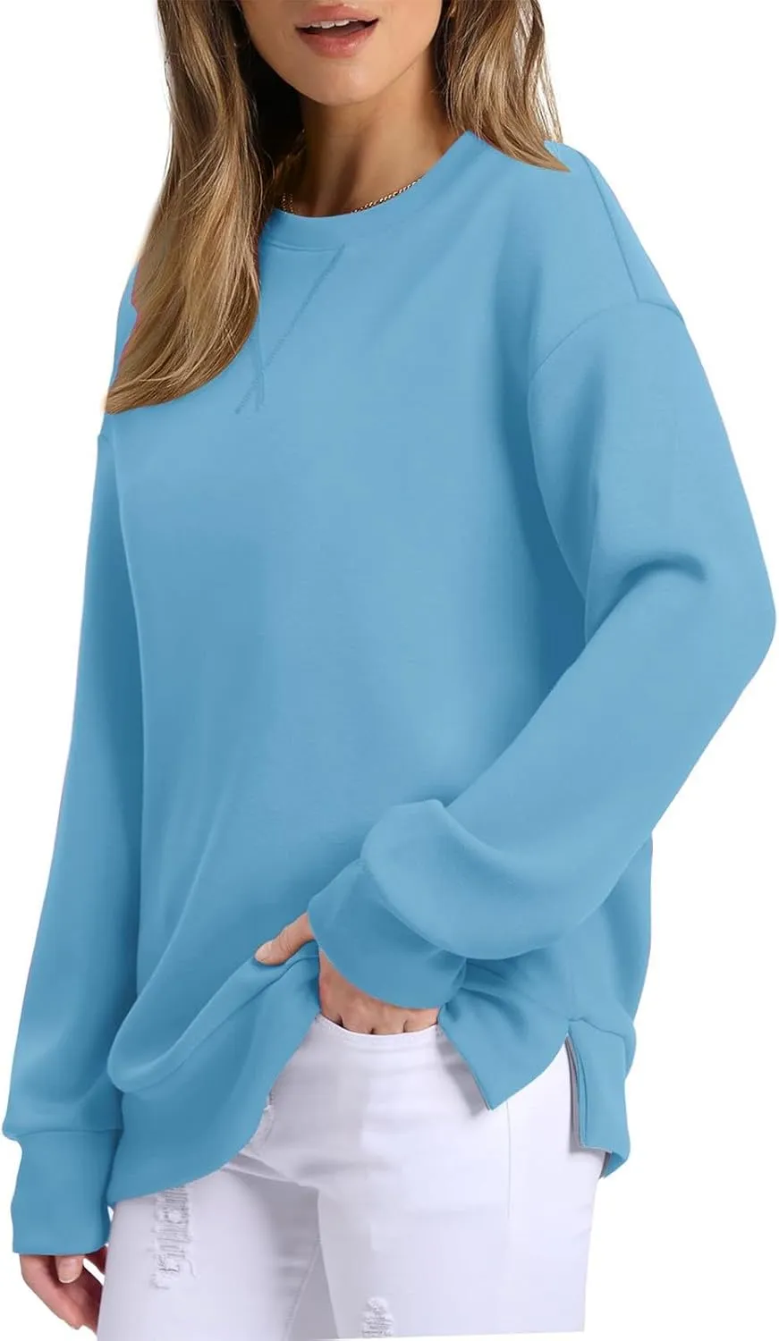 Gumipy Oversized Sweatshirt for Women Side Split Fleece Crewneck Sweatshirts Long Sleeve Womens Sweatshirt Spring Clothes