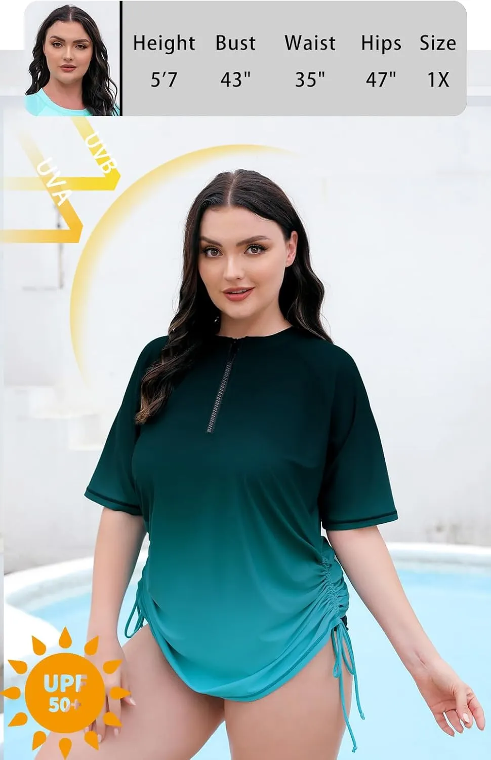 Halcurt Women's Plus Size Half Zip Short Sleeve Rash Guard Swim Top Drawstring Swim Shirt UPF50  Swimsuit