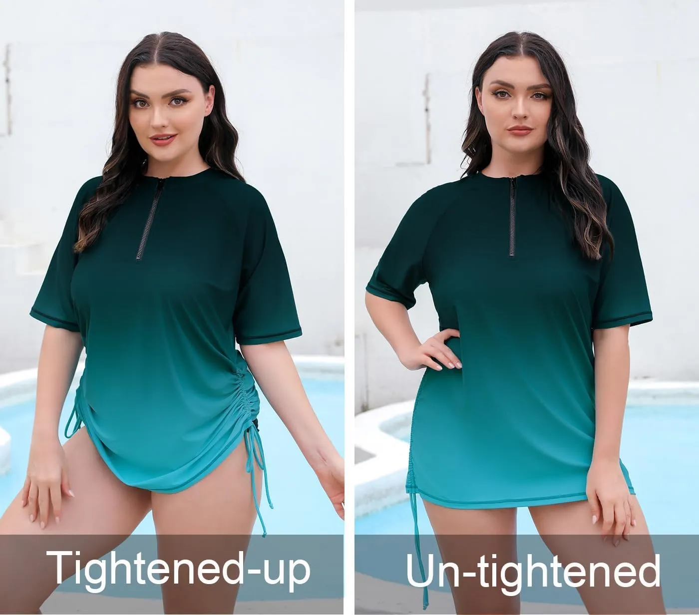 Halcurt Women's Plus Size Half Zip Short Sleeve Rash Guard Swim Top Drawstring Swim Shirt UPF50  Swimsuit