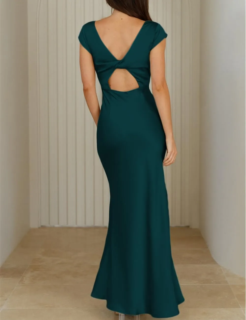 Halfisland Womens Summer Satin V Neck Cap Sleeve Backless Maxi Dress Elegant Twist Cut Out Midi Dresses Wedding Guest