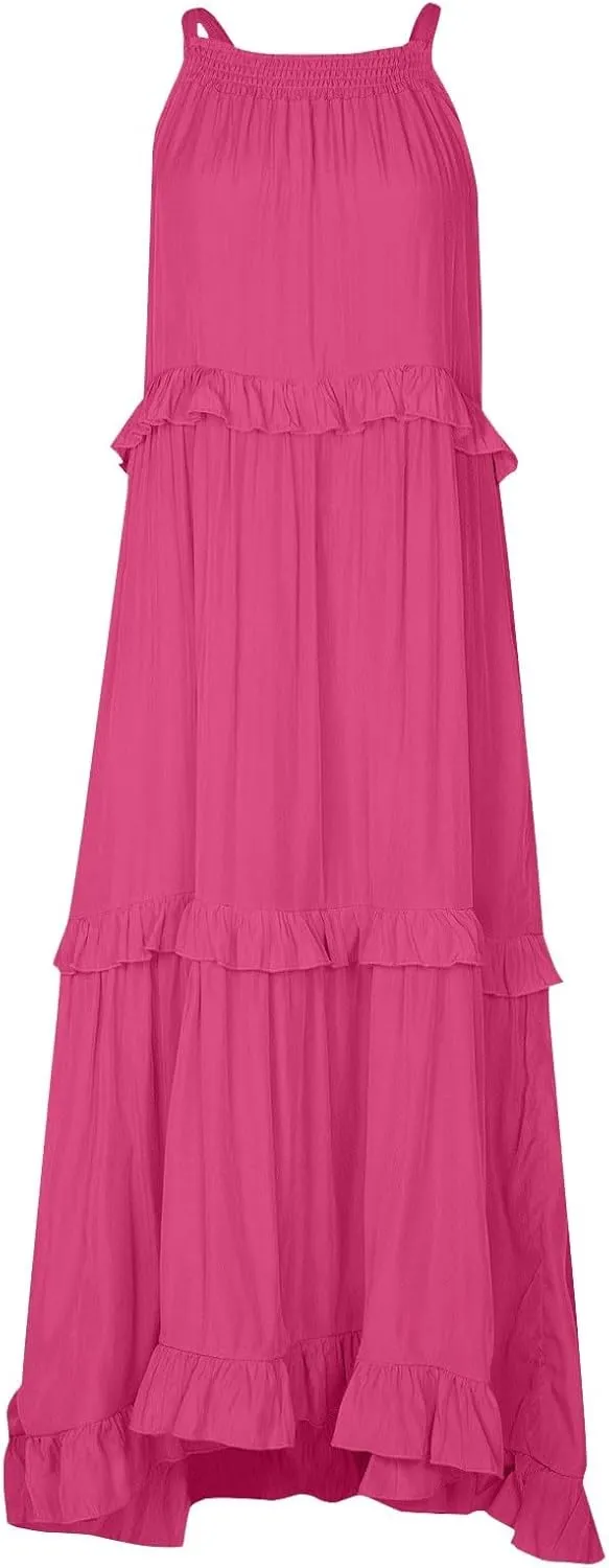 Halter Maxi Dress for Women Trendy Summer Loose Smocked Ruffle Tiered Dresses Sleeveless Flowy Vacation Long Dress