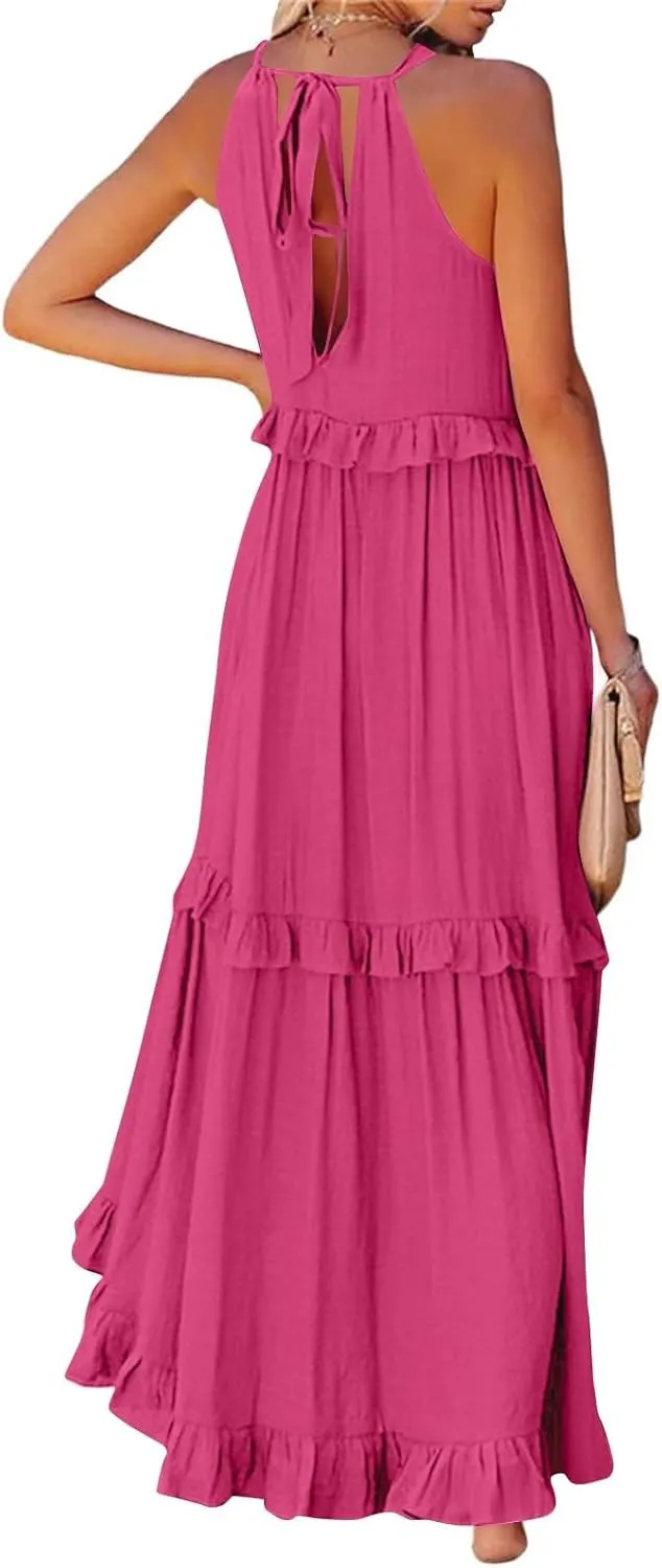 Halter Maxi Dress for Women Trendy Summer Loose Smocked Ruffle Tiered Dresses Sleeveless Flowy Vacation Long Dress