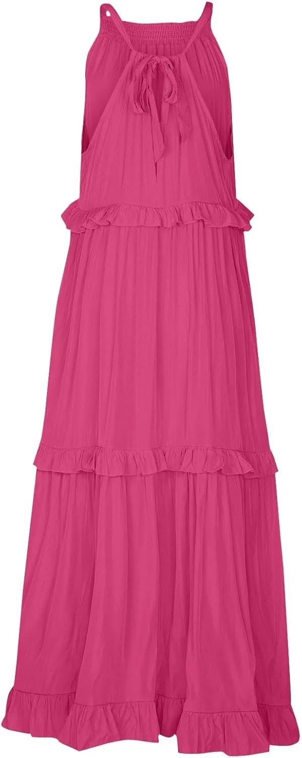 Halter Maxi Dress for Women Trendy Summer Loose Smocked Ruffle Tiered Dresses Sleeveless Flowy Vacation Long Dress