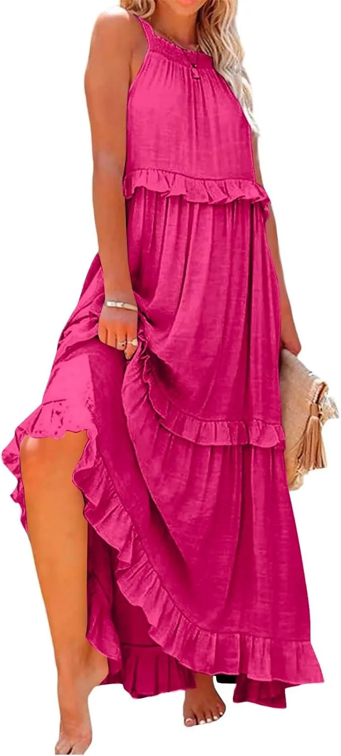 Halter Maxi Dress for Women Trendy Summer Loose Smocked Ruffle Tiered Dresses Sleeveless Flowy Vacation Long Dress