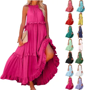 Halter Maxi Dress for Women Trendy Summer Loose Smocked Ruffle Tiered Dresses Sleeveless Flowy Vacation Long Dress