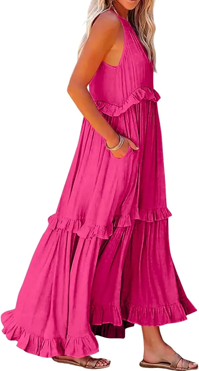 Halter Maxi Dress for Women Trendy Summer Loose Smocked Ruffle Tiered Dresses Sleeveless Flowy Vacation Long Dress