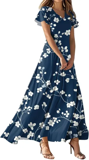 Hawaiian Dresses for Women Summer V Neck Short Sleeve Floral Wrap Ruffle Hem Boho Beach A Line Maxi Sundress Casual