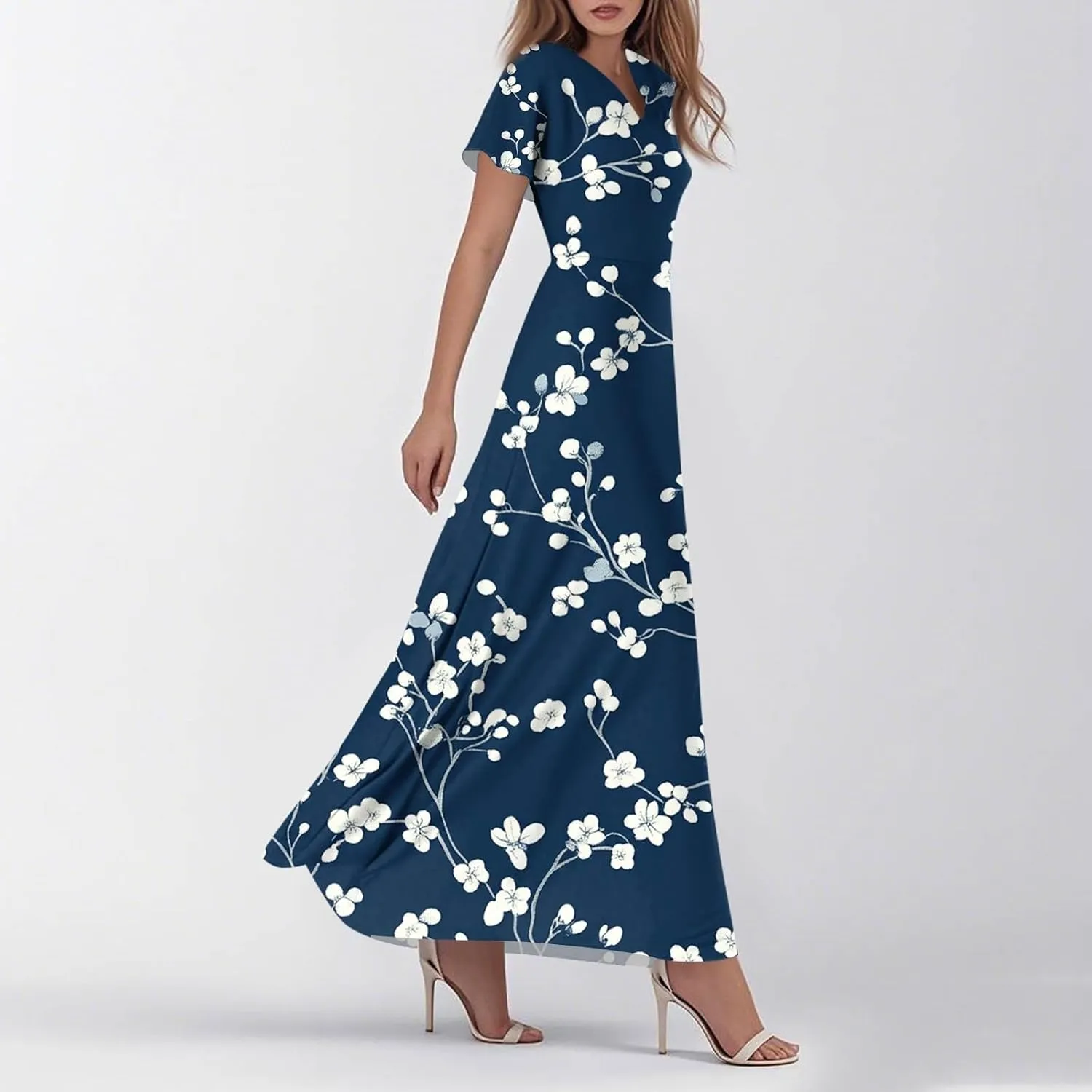 Hawaiian Dresses for Women Summer V Neck Short Sleeve Floral Wrap Ruffle Hem Boho Beach A Line Maxi Sundress Casual