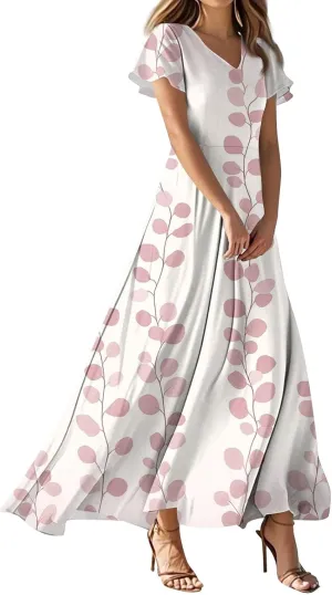 Hawaiian Dresses for Women Summer V Neck Short Sleeve Floral Wrap Ruffle Hem Boho Beach A Line Maxi Sundress Casual