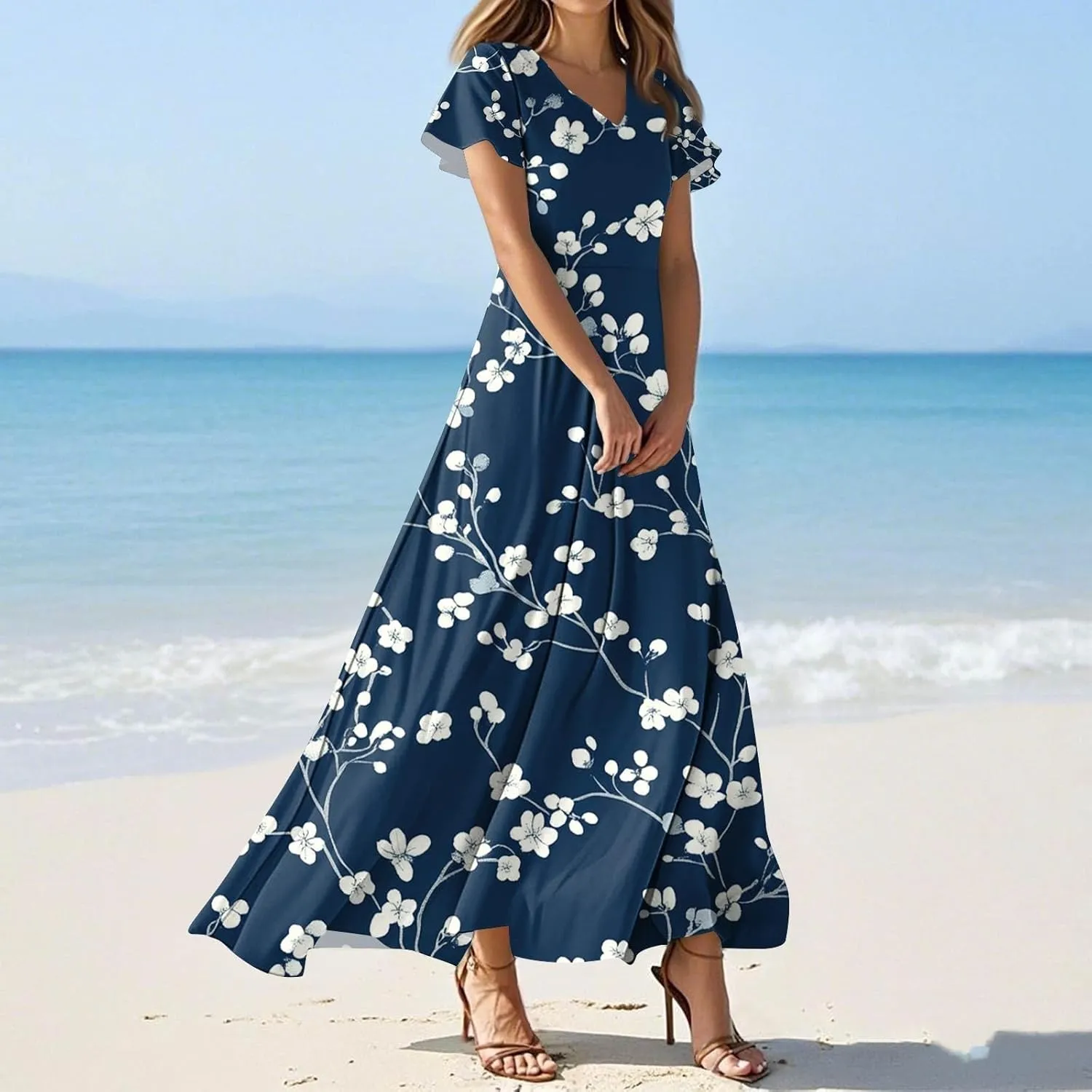 Hawaiian Dresses for Women Summer V Neck Short Sleeve Floral Wrap Ruffle Hem Boho Beach A Line Maxi Sundress Casual