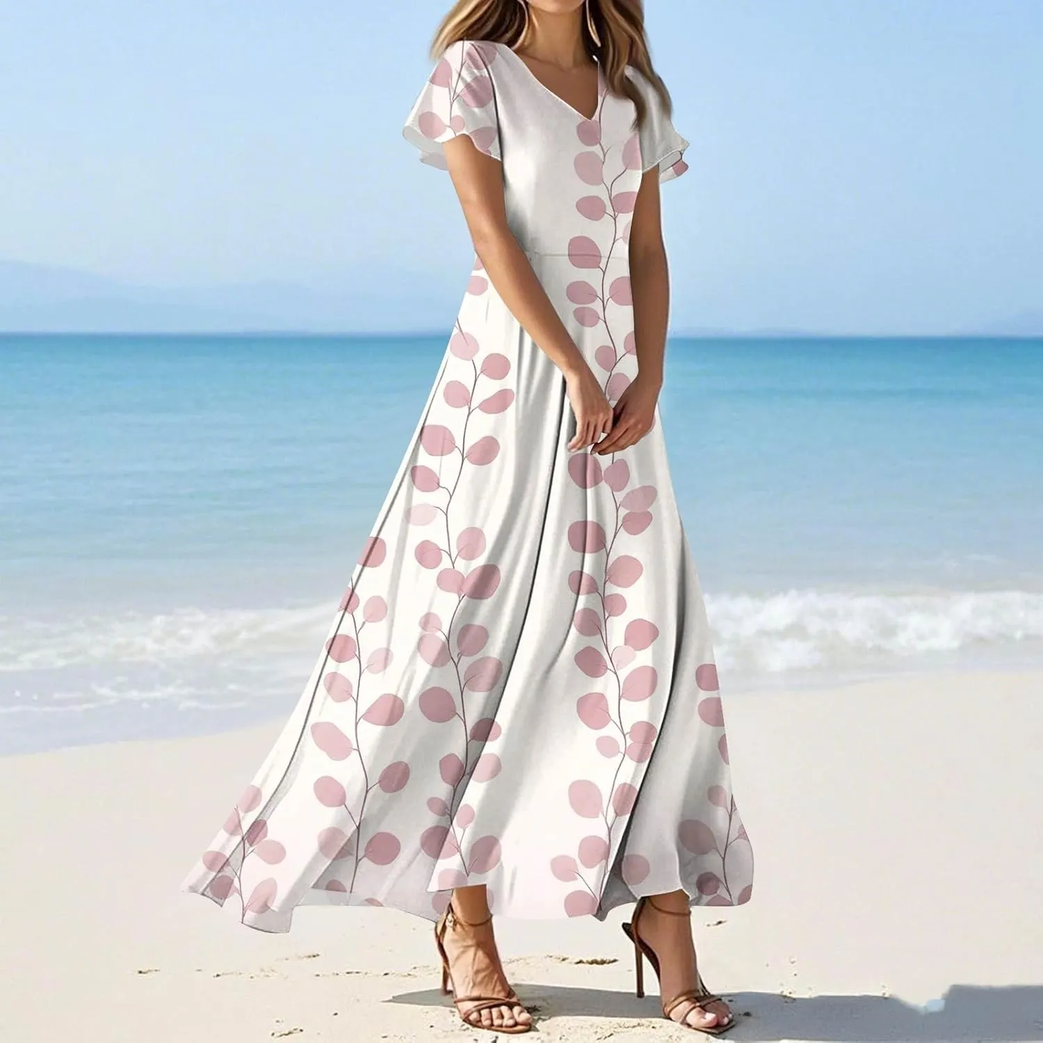 Hawaiian Dresses for Women Summer V Neck Short Sleeve Floral Wrap Ruffle Hem Boho Beach A Line Maxi Sundress Casual