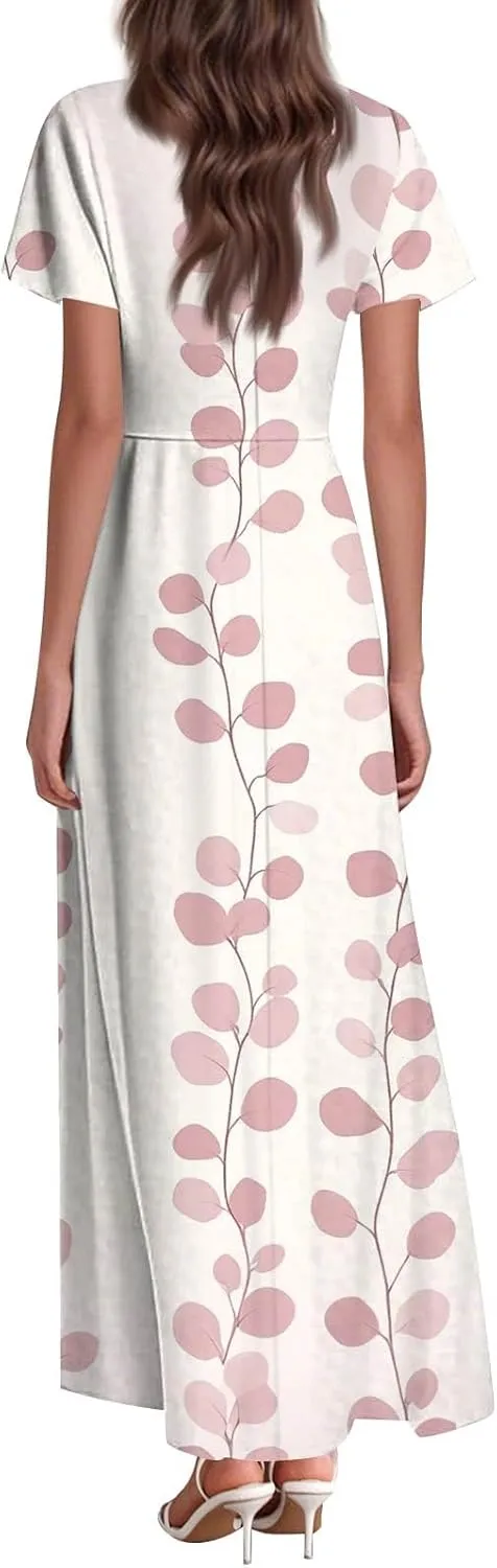 Hawaiian Dresses for Women Summer V Neck Short Sleeve Floral Wrap Ruffle Hem Boho Beach A Line Maxi Sundress Casual