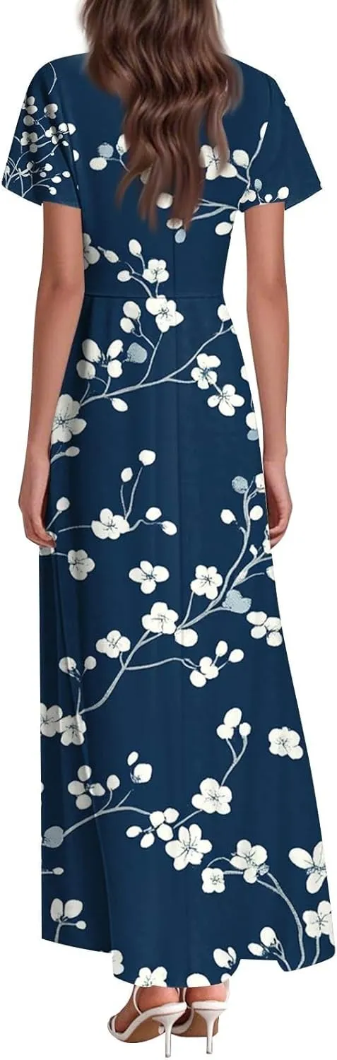 Hawaiian Dresses for Women Summer V Neck Short Sleeve Floral Wrap Ruffle Hem Boho Beach A Line Maxi Sundress Casual