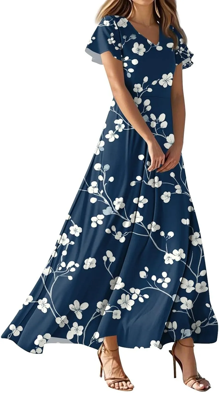 Hawaiian Dresses for Women Summer V Neck Short Sleeve Floral Wrap Ruffle Hem Boho Beach A Line Maxi Sundress Casual