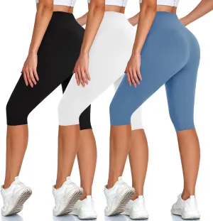 High Waisted 3 Pack Women's Capri Pants - Knee Length Yoga Shorts, Biker Workout Leggings for Women,Summer Activewear
