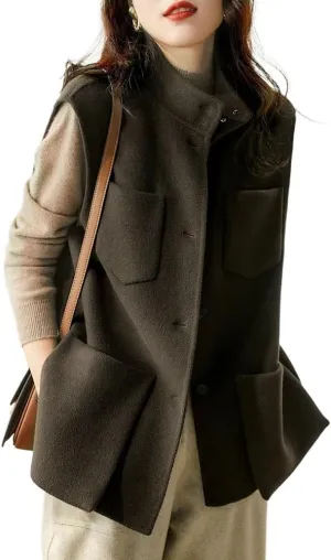 IDEALSANXUN Wool Vest Women Fall Winter Sleeveless Jackets Casual Button Down Waistcoat Trench Coat Outerwear Vest Tops