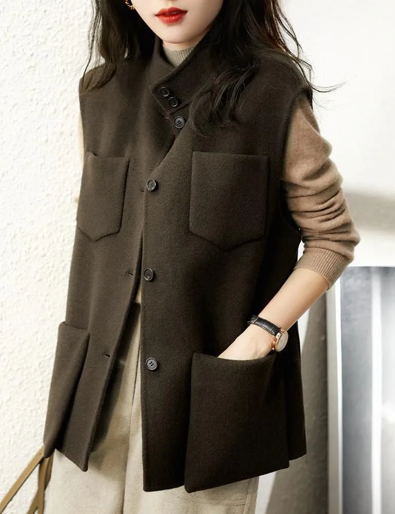 IDEALSANXUN Wool Vest Women Fall Winter Sleeveless Jackets Casual Button Down Waistcoat Trench Coat Outerwear Vest Tops