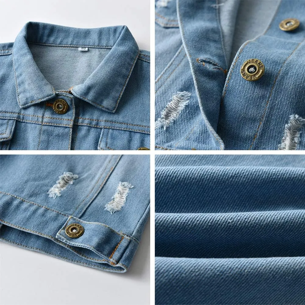 IDOPIP Toddler Kid Baby Boys Girls Denim Jacket Long Sleeve Button Down Jeans Coat Cowboy Overcoat Hoodie Casual Outwear