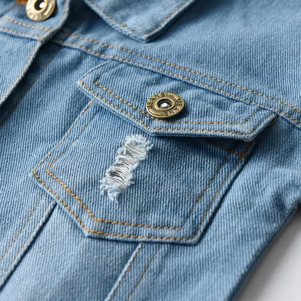 IDOPIP Toddler Kid Baby Boys Girls Denim Jacket Long Sleeve Button Down Jeans Coat Cowboy Overcoat Hoodie Casual Outwear