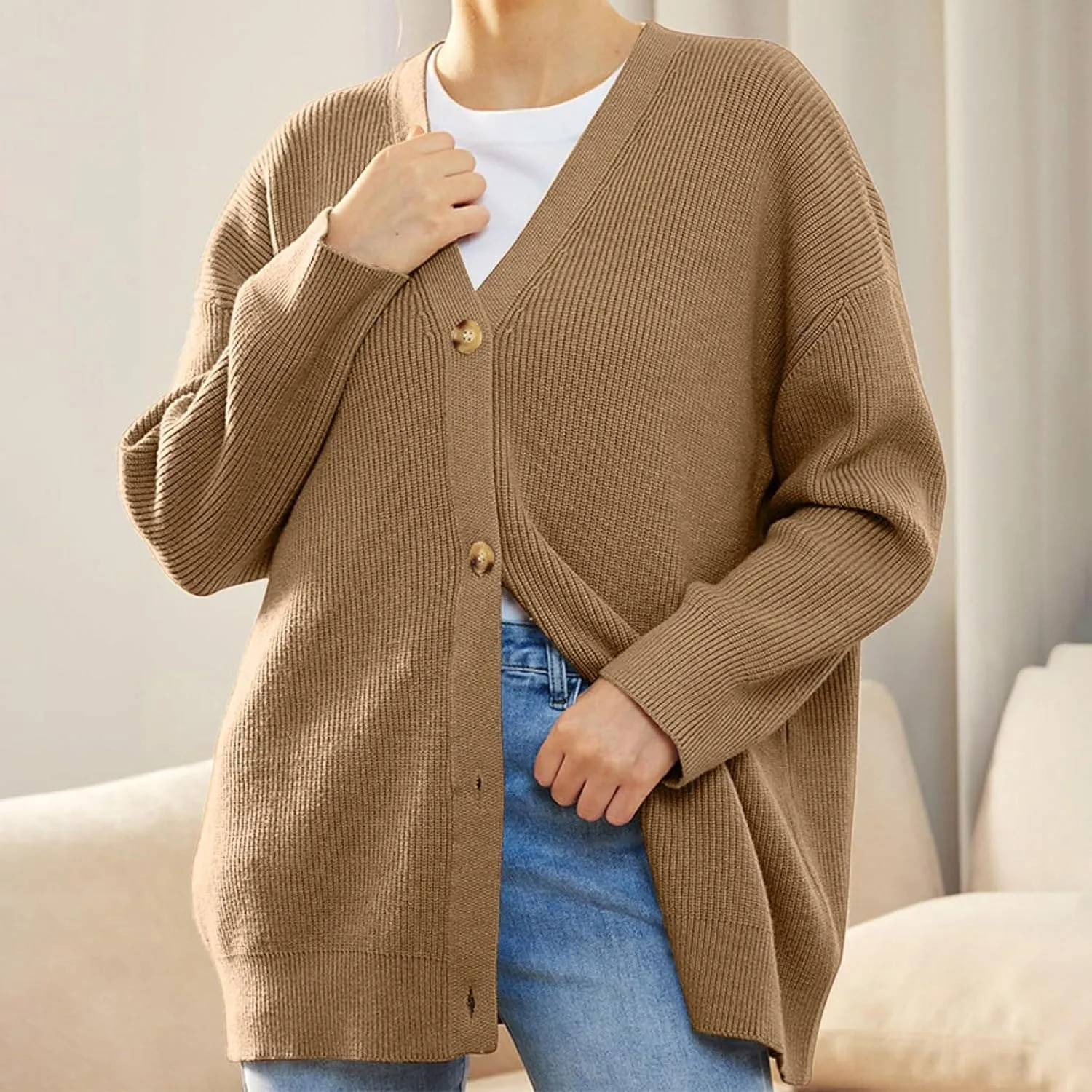 iLH Cardigan Sweaters for Sweater Fall Fashion Oversize Loose Sweater Button down V Neck Solid Outerwear Knitted Coat