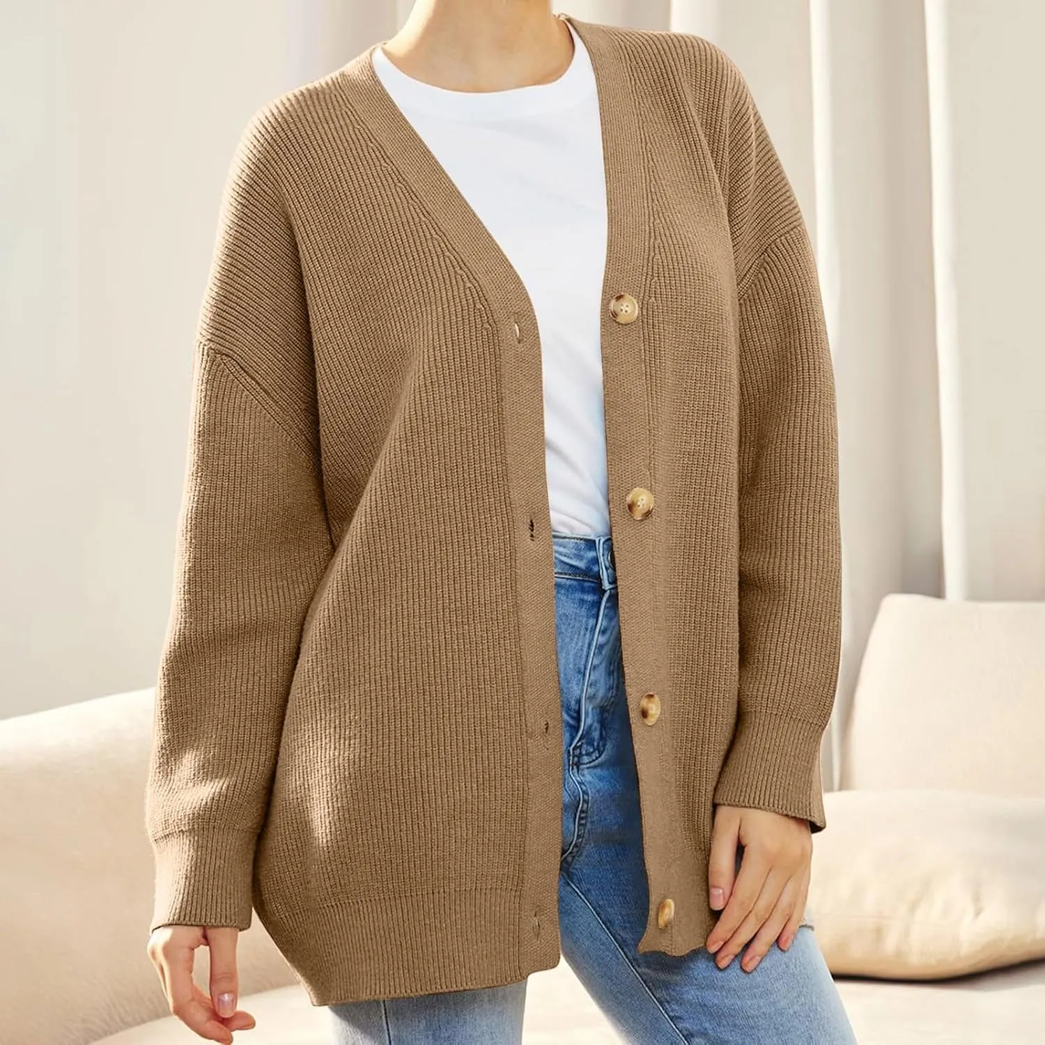 iLH Cardigan Sweaters for Sweater Fall Fashion Oversize Loose Sweater Button down V Neck Solid Outerwear Knitted Coat
