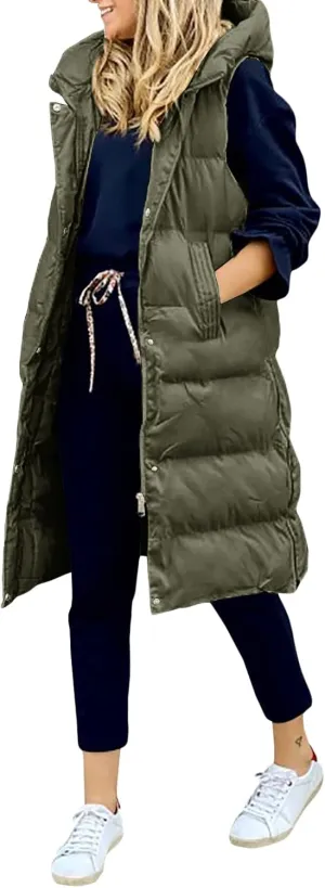 IMISSILLEB Women's Long Puffer Vest Hooded Coats Thick Sleeveless Full-Zip Jacket Fall Winter Coat Outerwear with Pockets