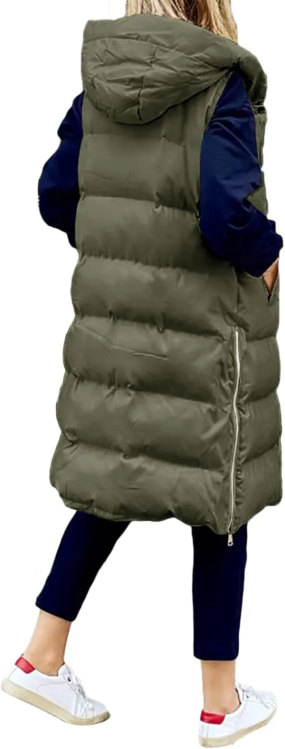 IMISSILLEB Women's Long Puffer Vest Hooded Coats Thick Sleeveless Full-Zip Jacket Fall Winter Coat Outerwear with Pockets