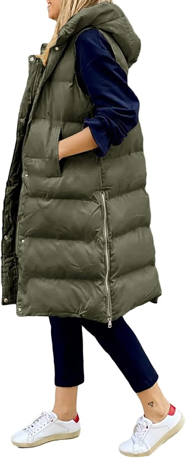 IMISSILLEB Women's Long Puffer Vest Hooded Coats Thick Sleeveless Full-Zip Jacket Fall Winter Coat Outerwear with Pockets
