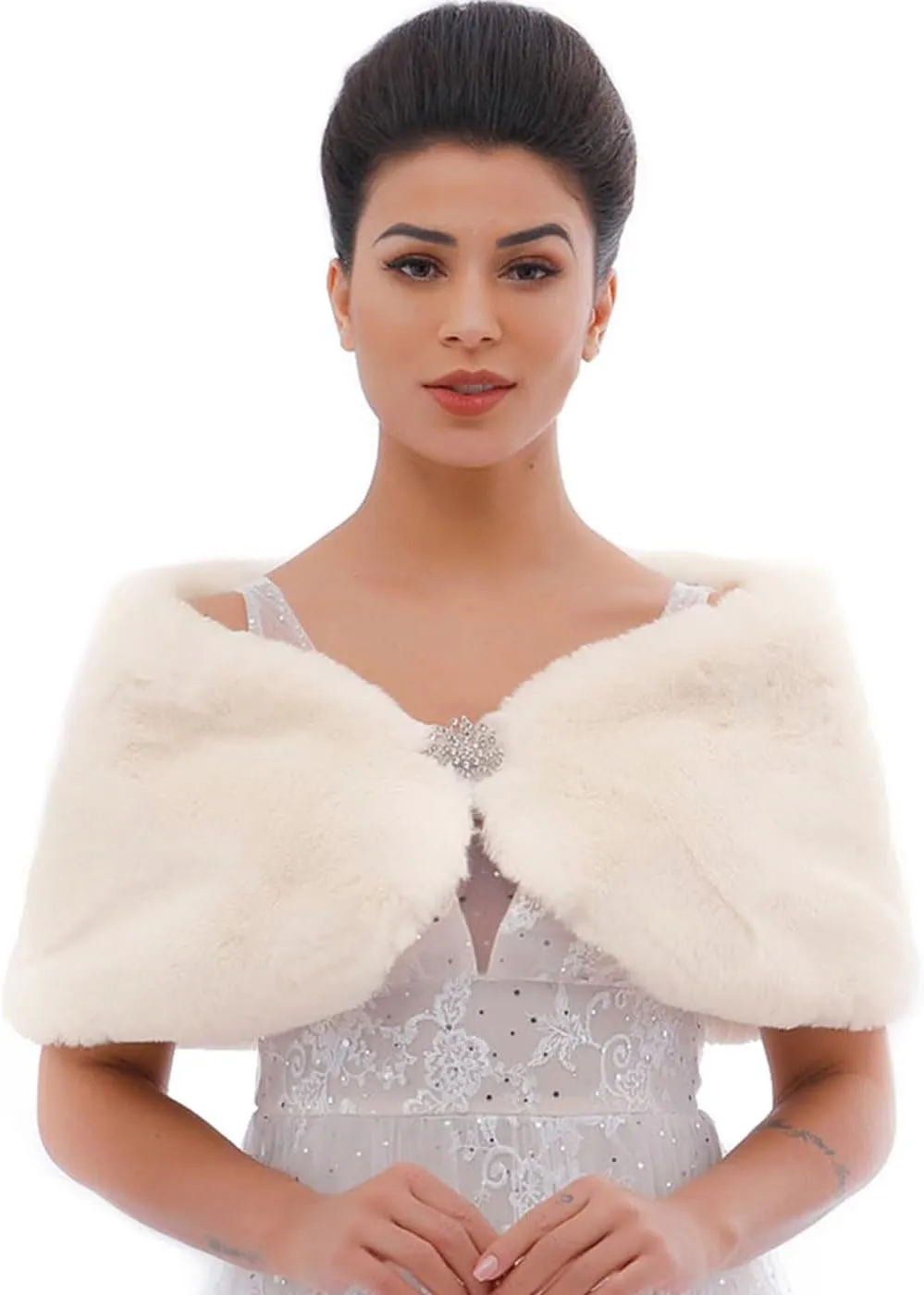 JAKAWIN Women’s Faux Rabbit Fur Wraps and Shawls Bride Wedding Fur Stole Bridal Dress Shrug Cover Up for Women