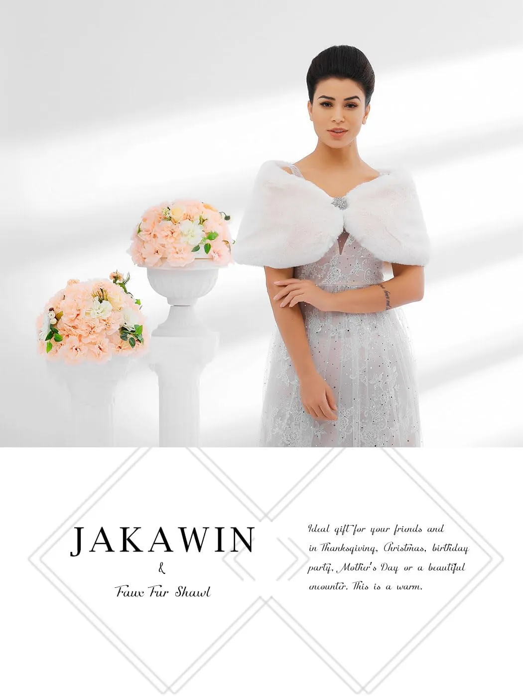 JAKAWIN Women’s Faux Rabbit Fur Wraps and Shawls Bride Wedding Fur Stole Bridal Dress Shrug Cover Up for Women
