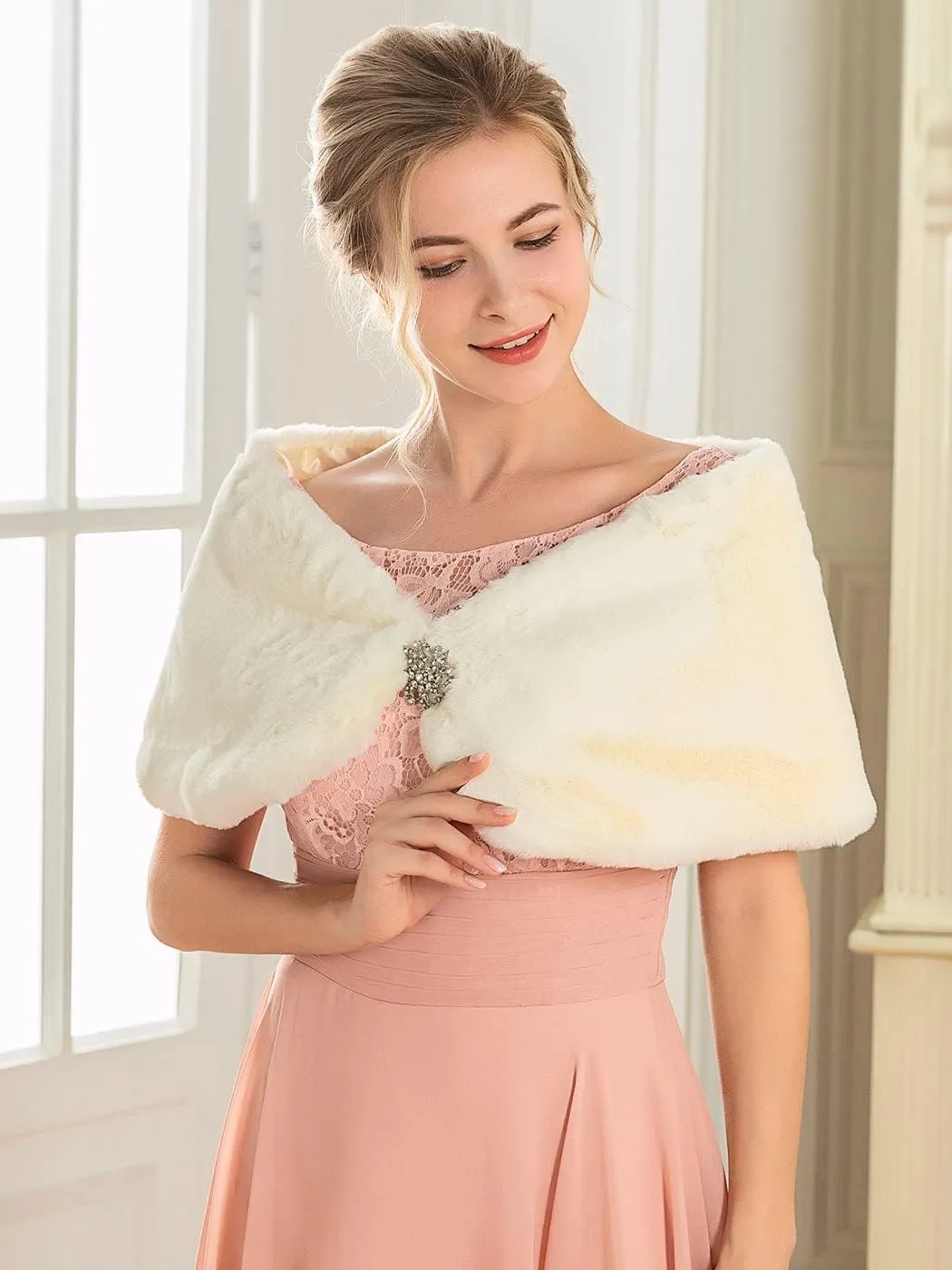 JAKAWIN Women’s Faux Rabbit Fur Wraps and Shawls Bride Wedding Fur Stole Bridal Dress Shrug Cover Up for Women