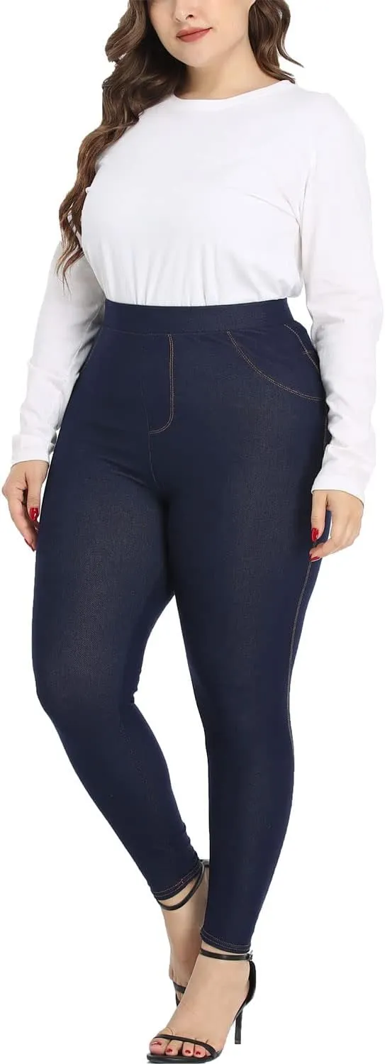 Jean Look Jeggings for Women Plus Size High Waist Stretch Denim Leggings with Pockets Skinny Pull On Pants 1X-4X