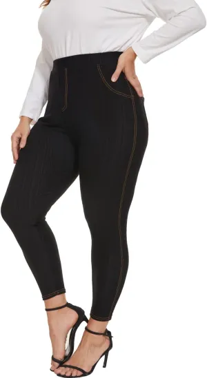 Jean Look Jeggings for Women Plus Size High Waist Stretch Denim Leggings with Pockets Skinny Pull On Pants 1X-4X