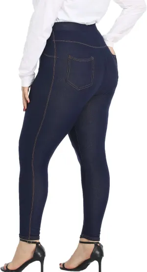 Jean Look Jeggings for Women Plus Size High Waist Stretch Denim Leggings with Pockets Skinny Pull On Pants 1X-4X