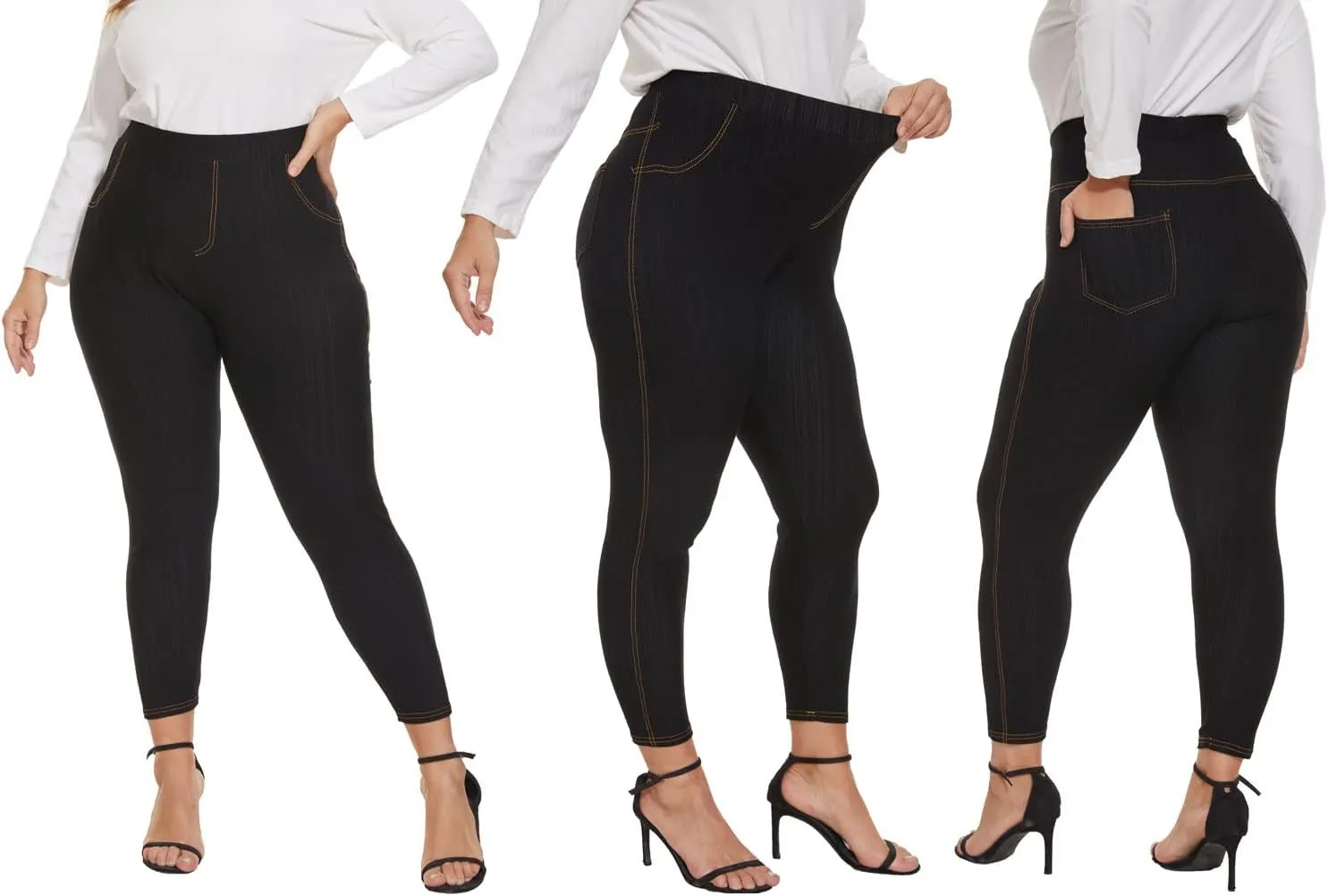 Jean Look Jeggings for Women Plus Size High Waist Stretch Denim Leggings with Pockets Skinny Pull On Pants 1X-4X