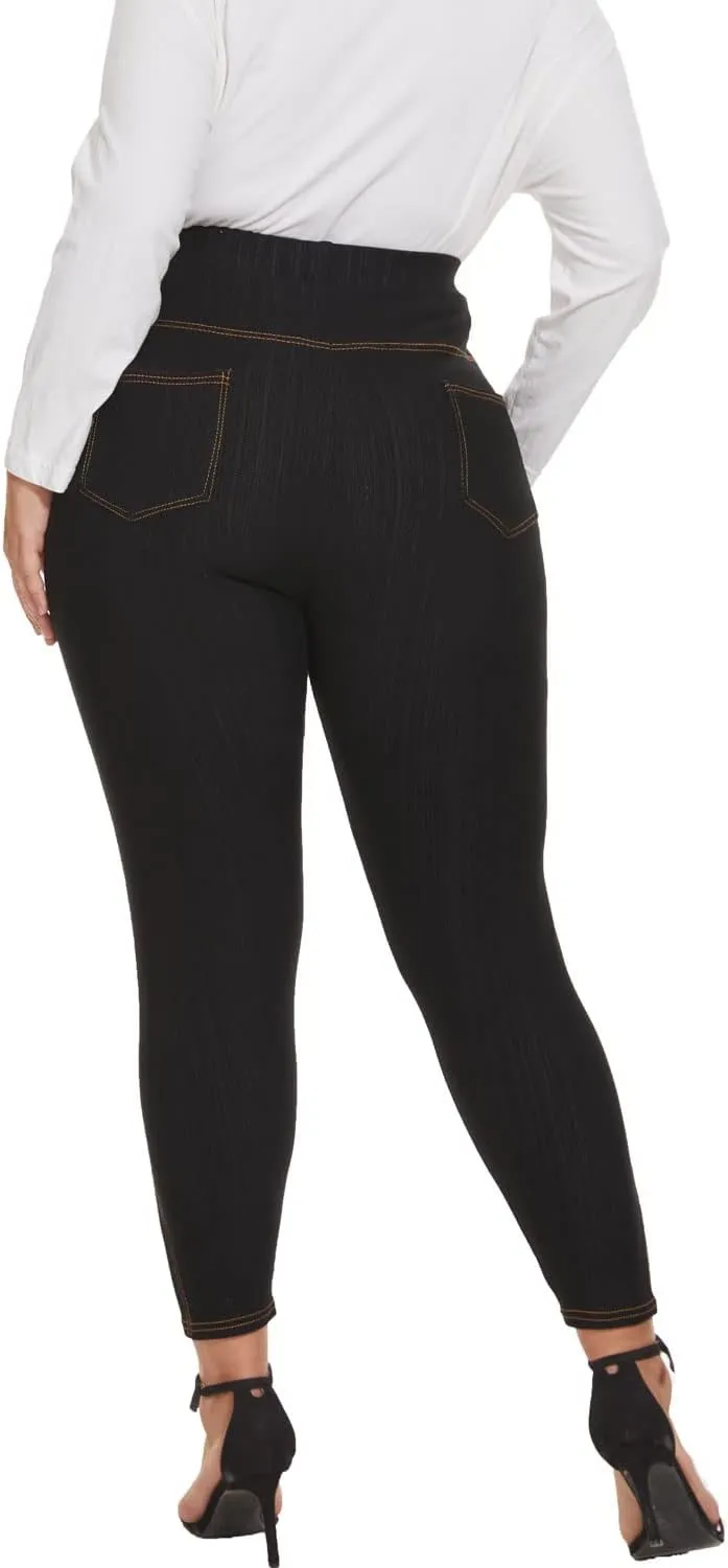 Jean Look Jeggings for Women Plus Size High Waist Stretch Denim Leggings with Pockets Skinny Pull On Pants 1X-4X