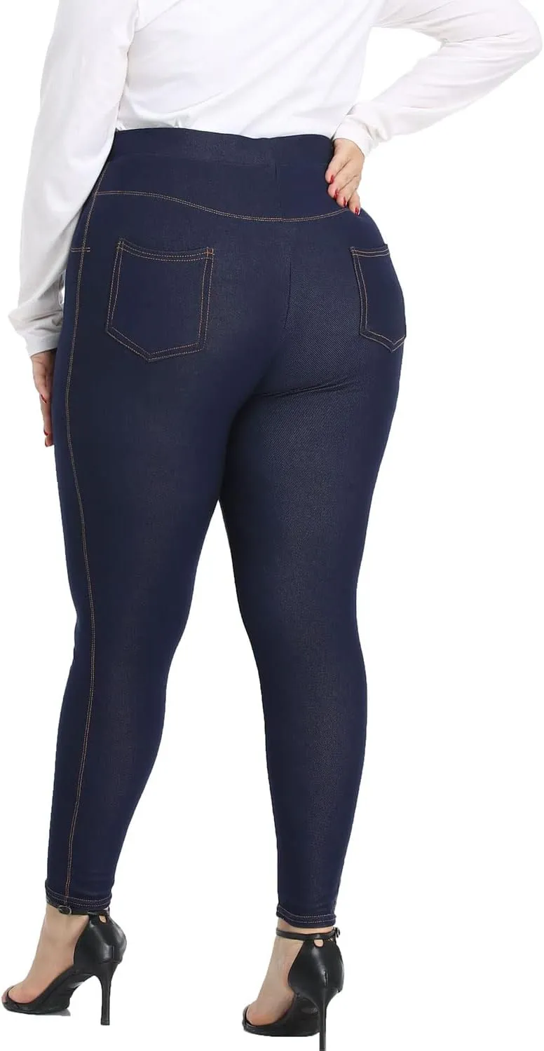 Jean Look Jeggings for Women Plus Size High Waist Stretch Denim Leggings with Pockets Skinny Pull On Pants 1X-4X