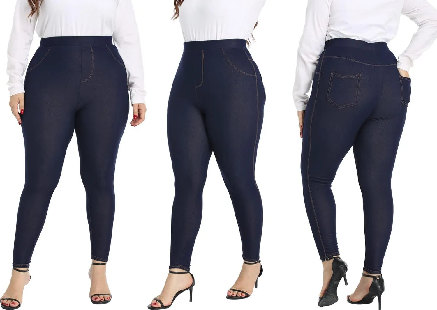 Jean Look Jeggings for Women Plus Size High Waist Stretch Denim Leggings with Pockets Skinny Pull On Pants 1X-4X