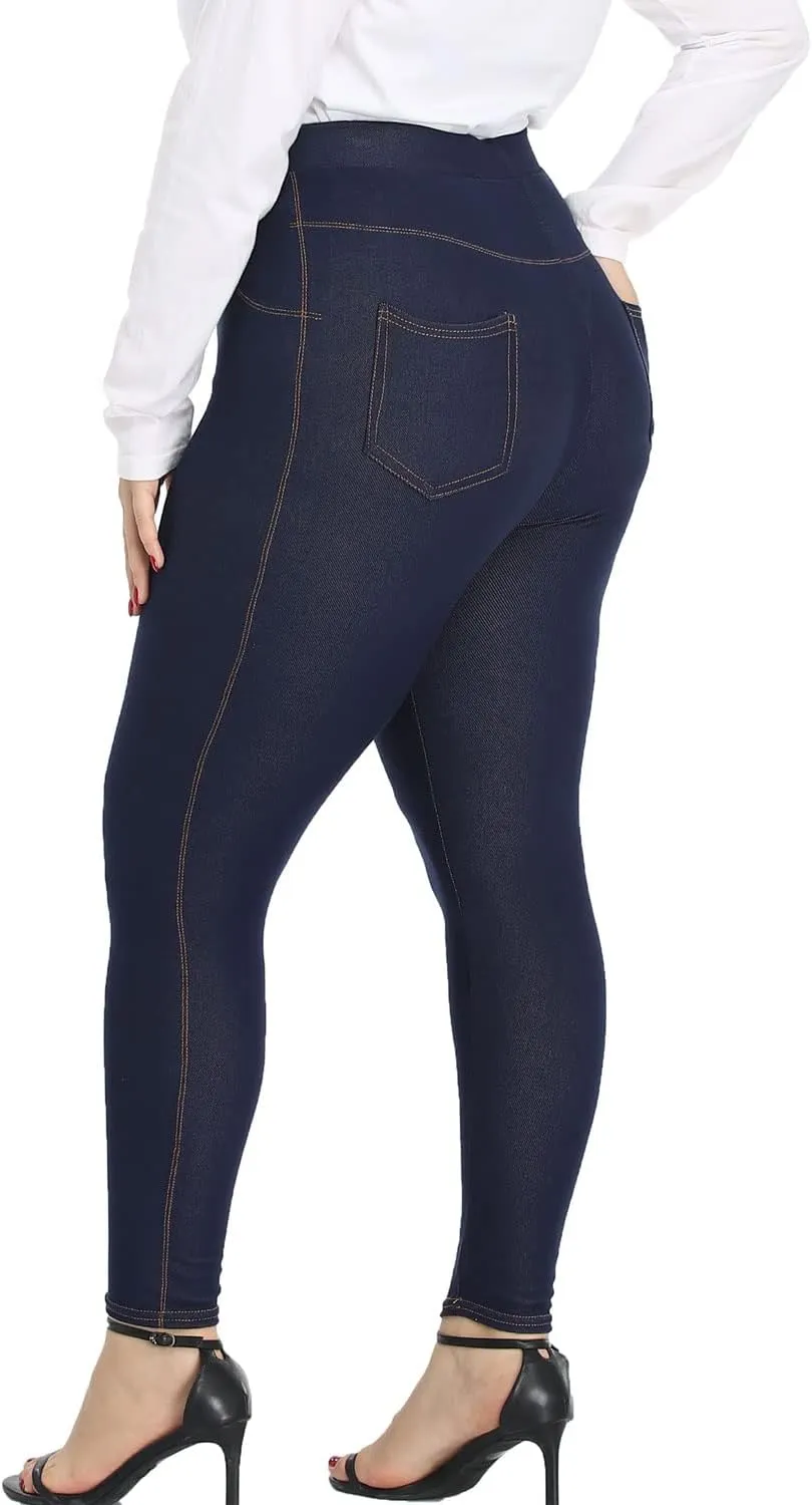 Jean Look Jeggings for Women Plus Size High Waist Stretch Denim Leggings with Pockets Skinny Pull On Pants 1X-4X