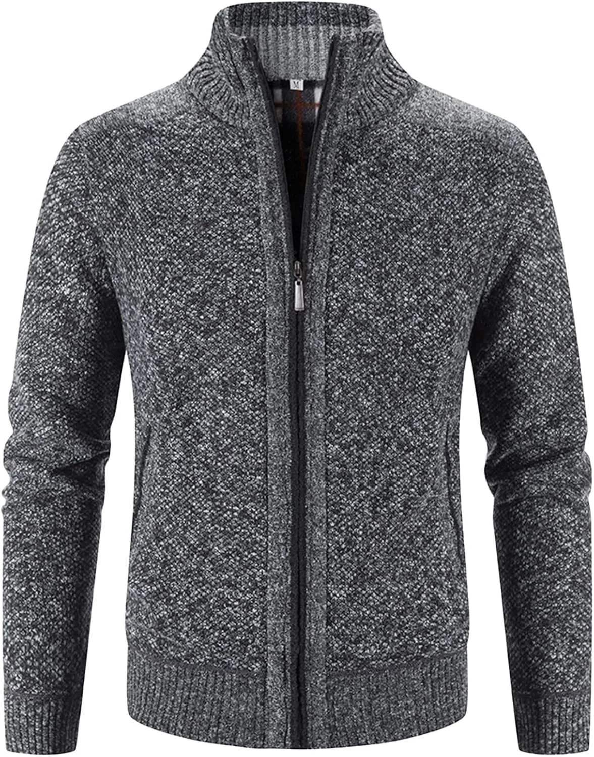 JEShifangjiusu Men'S Collar Zipper Pocket Coat Full Zip Solid Color Cable Knitted Cardigan Casual Long-Sleeved Sweater Coat
